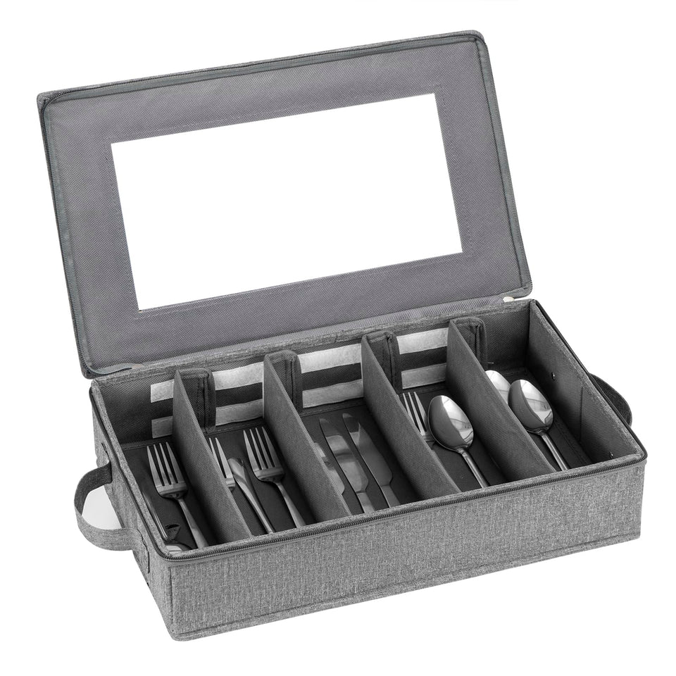 Lafulling flatware storage box with adjustable dividers keeps cutlery organized.