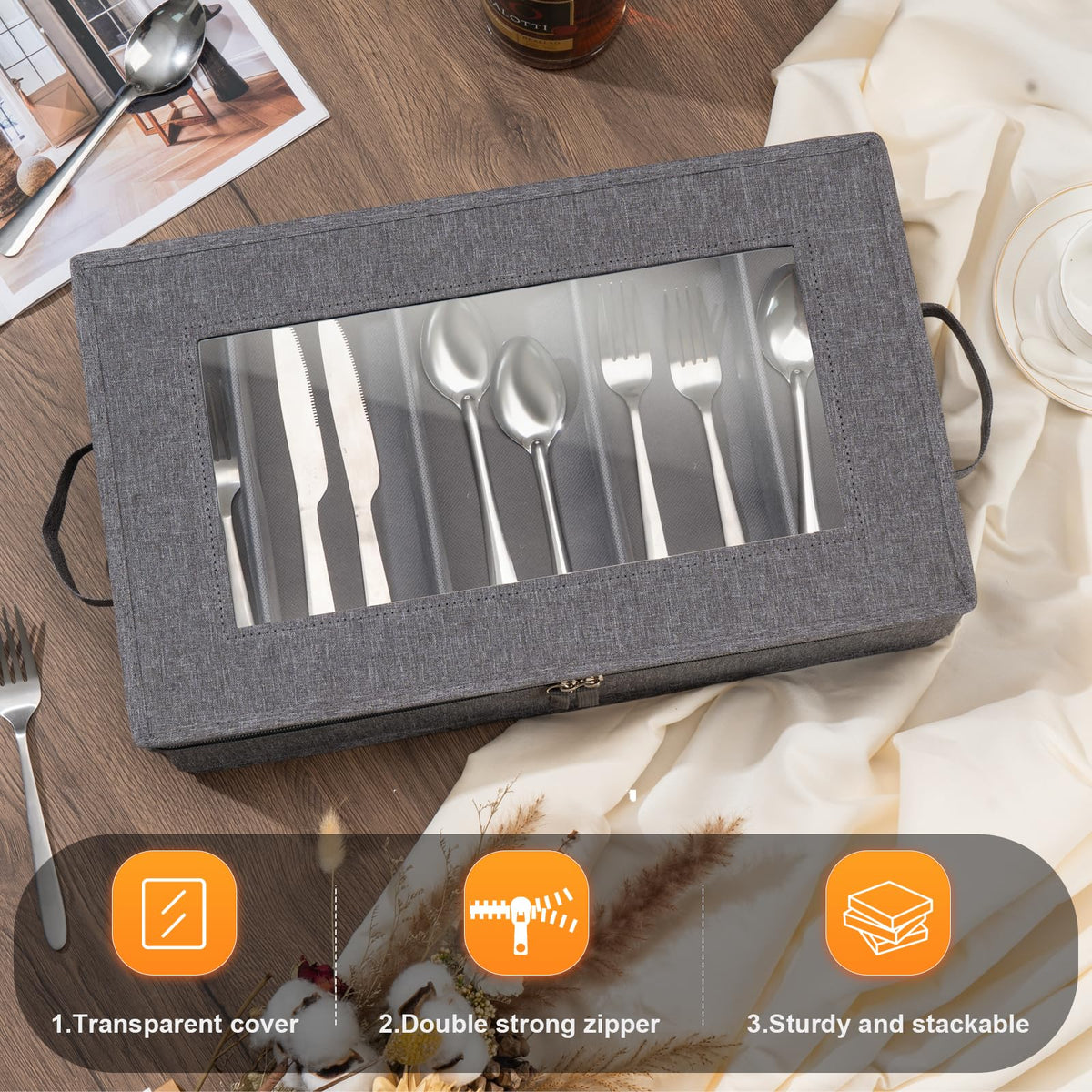 Lafulling flatware storage box transparent cover helps locate utensils quickly.