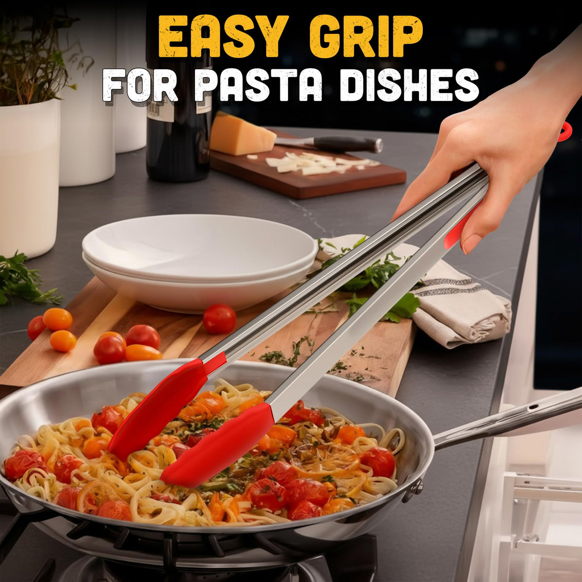 Lagarto salad-tongs-grilling-turning shown handling steaks and burgers with balance.