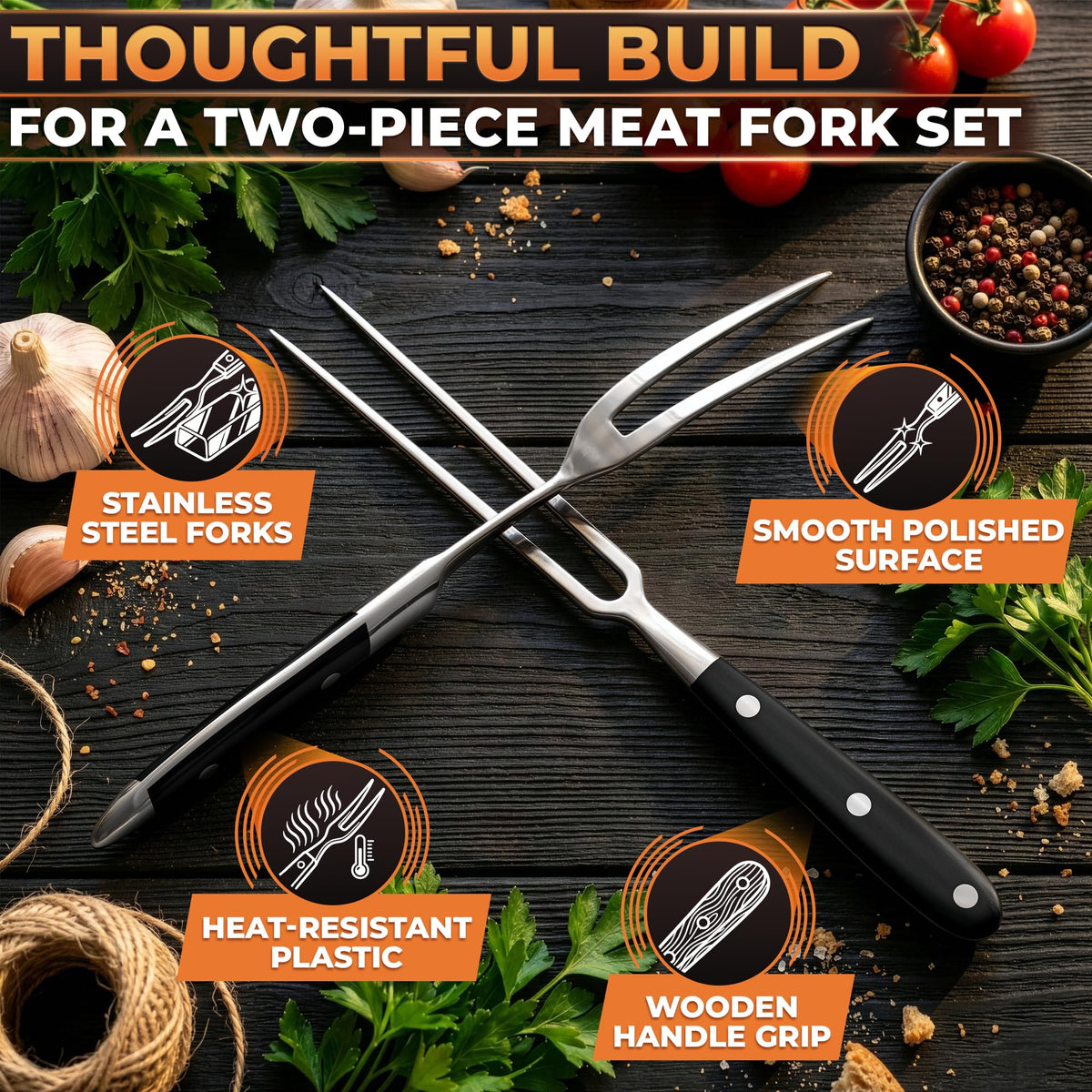 Lagarto straight fork with wooden handle stays cool near heat.