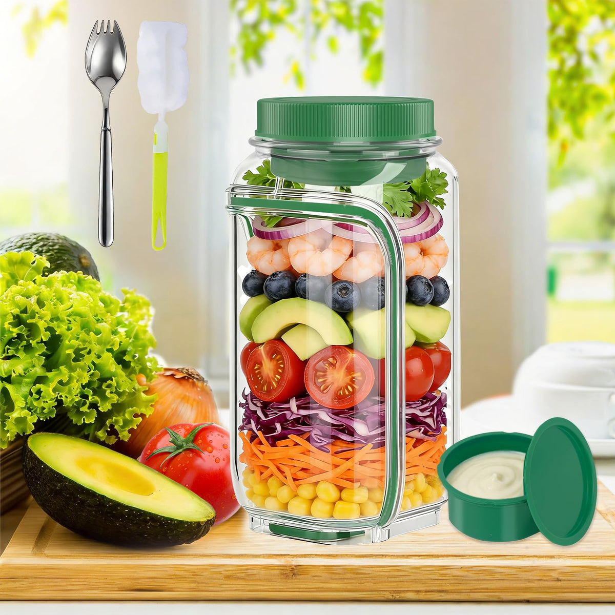 Laghura salad jar with side opening shows separated layers for crisp ingredients.