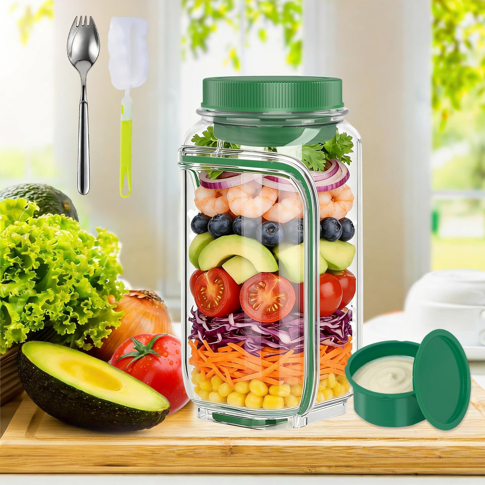 Laghura salad jar with side opening shows separated layers for crisp ingredients.