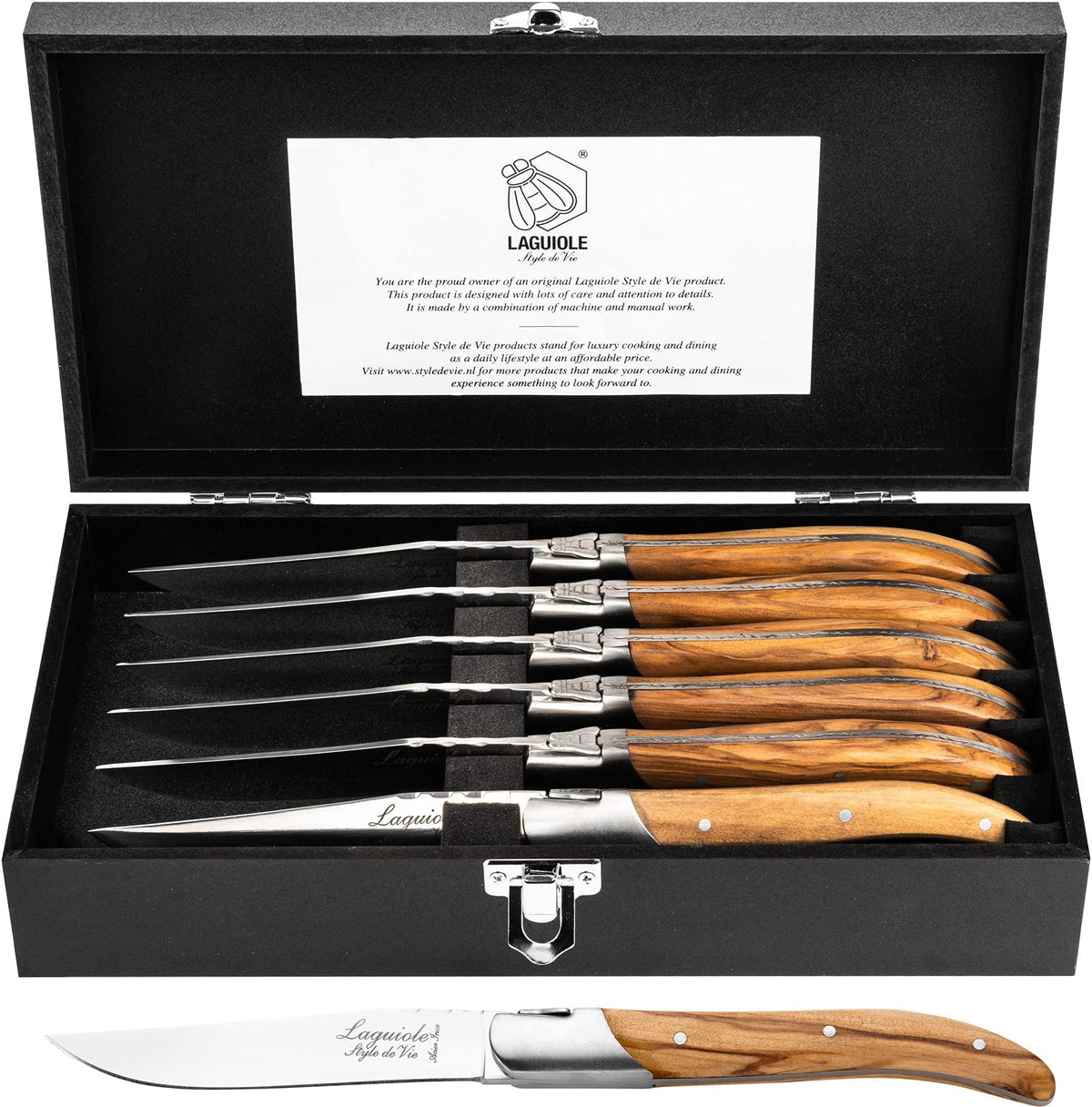Laguiole Style de Vie steak knives with olive wood handles for premium dining.