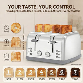 LAINSTEN toaster with wide-slot open, showing easy loading of thick bread.