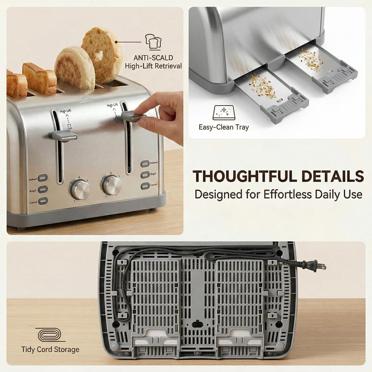 LAINSTEN removable crumb tray keeps counters clean after toasting.