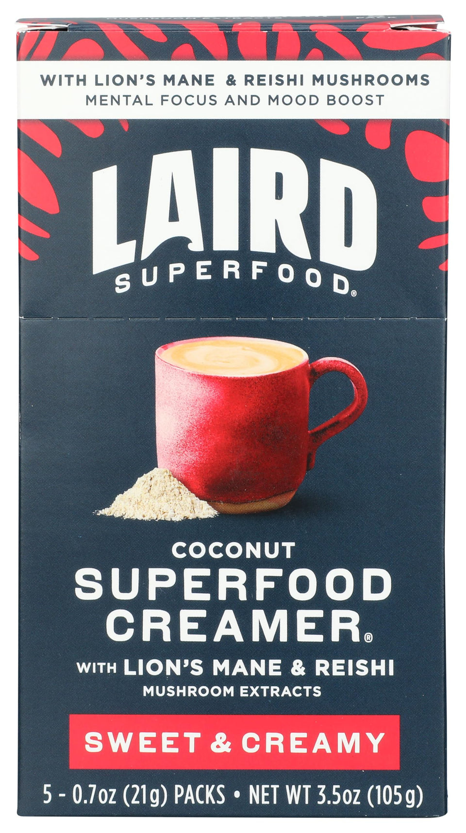 Laird Superfood Sweet and Creamy powdered creamer pack front highlighting dairy free indulgence for coffee