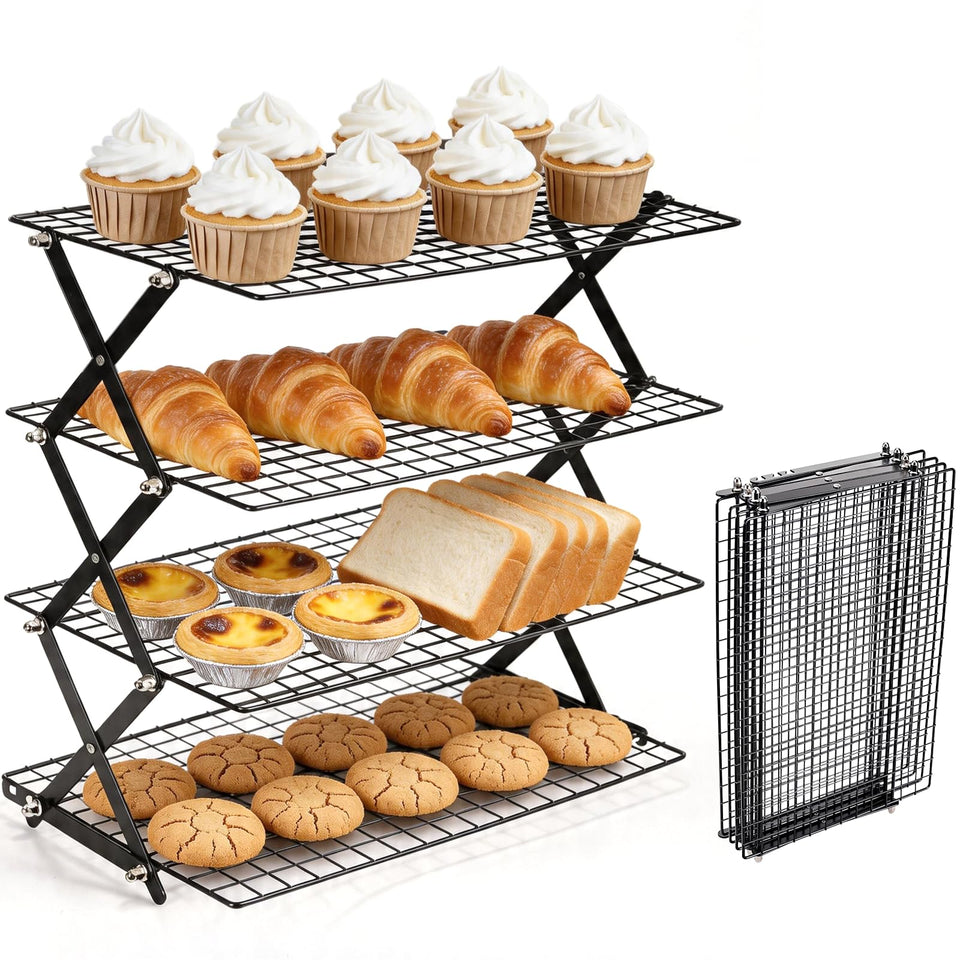 Lake Tian 4-tier collapsible cooling rack for versatile cooling of cookies, cakes, and bread.