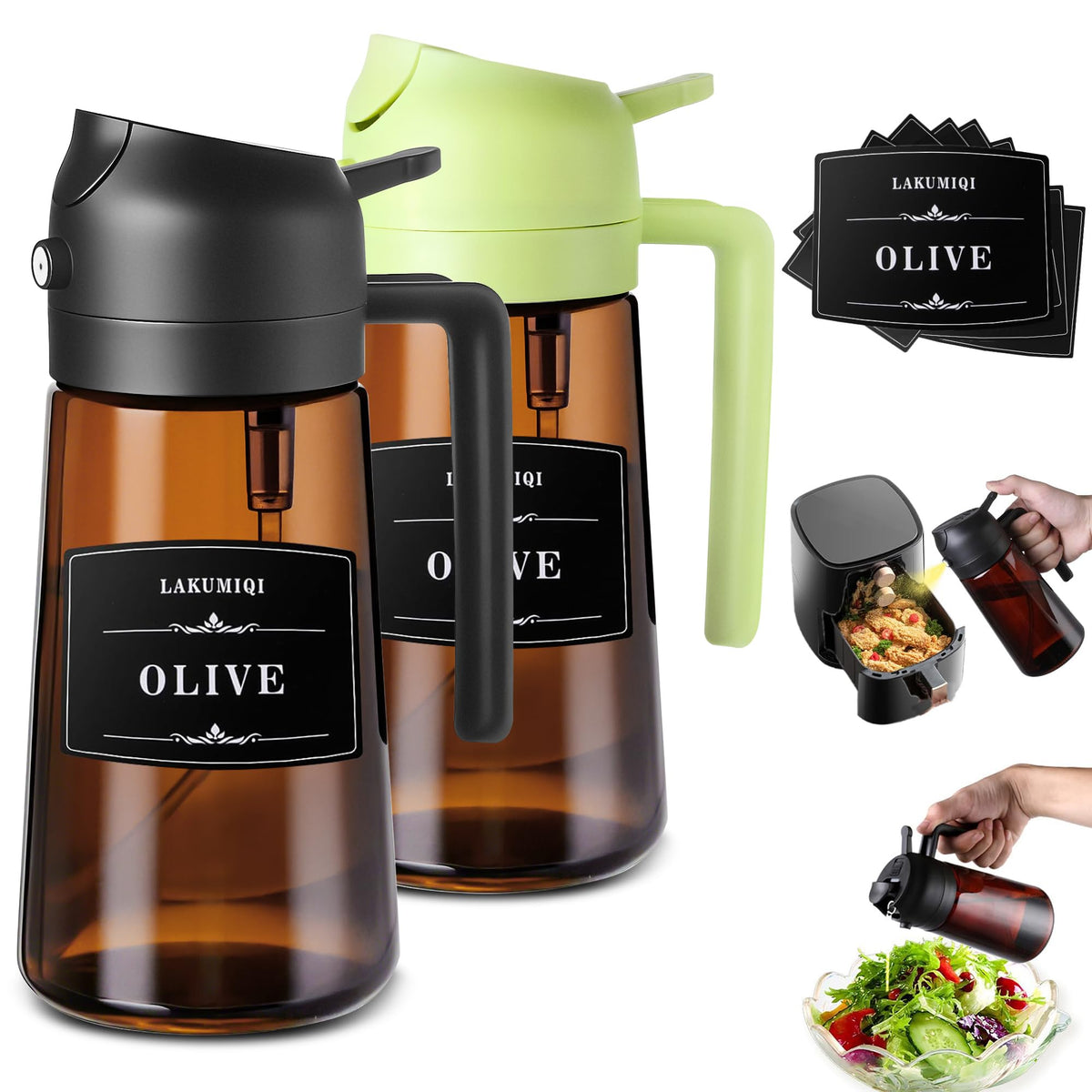 LAKUMIQI 2-in-1 oil sprayer bottle showing spray and pour for versatile cooking