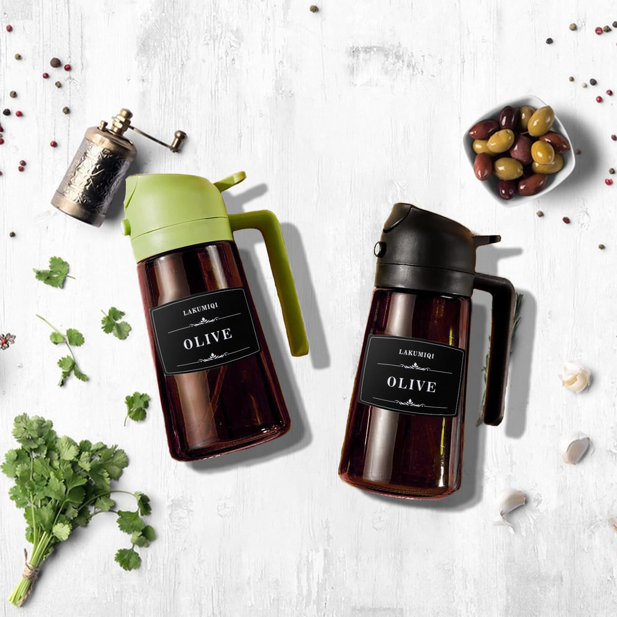 LAKUMIQI olive oil sprayer demonstrates fine mist for dressings and sautéing
