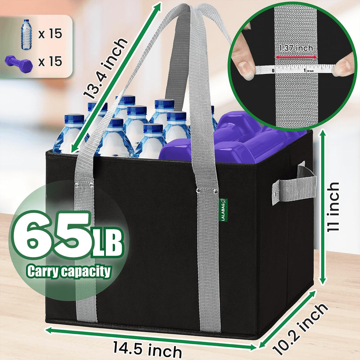 LALABAG heavy-duty tote with 65 lb capacity and reinforced seams