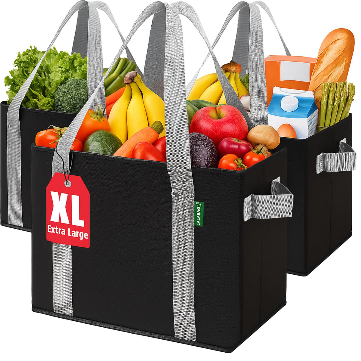 LALABAG 3-pack reusable grocery bags in box-style design for effortless loading