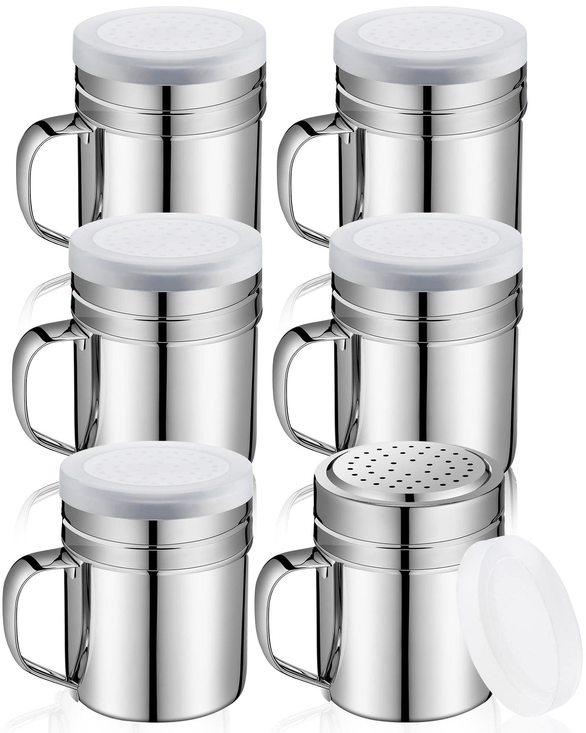 Lallisa 6-piece stainless steel salt and pepper shakers with lids for dust-free seasoning.