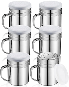 Lallisa 6-piece stainless steel salt and pepper shakers with lids for dust-free seasoning.