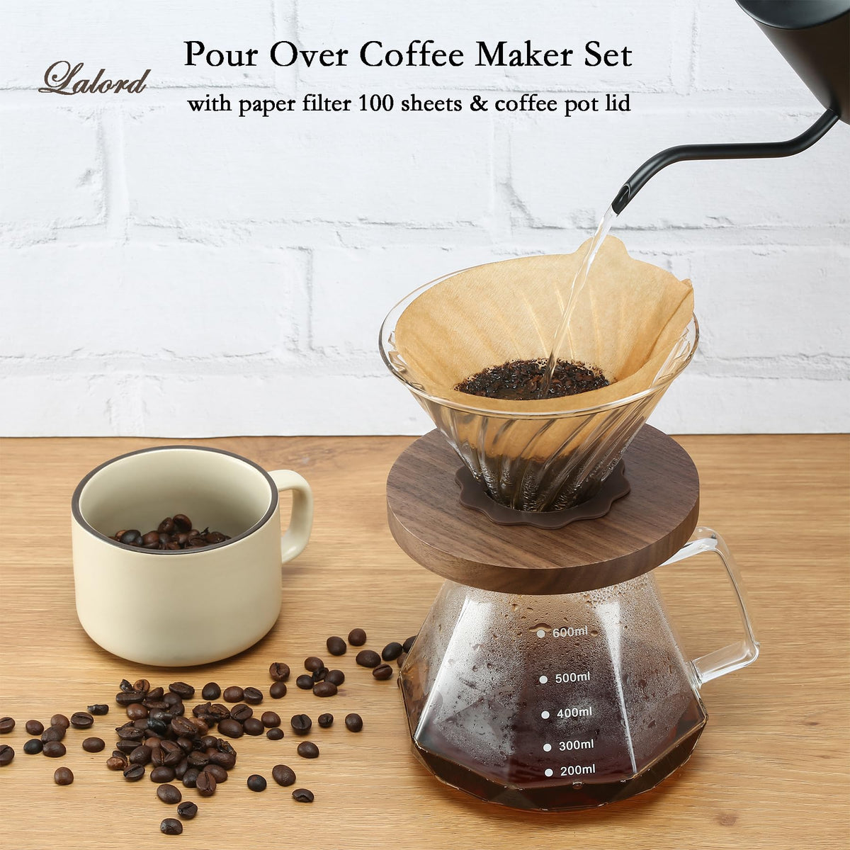 Lalord borosilicate dripper with walnut handle for precise pouring.