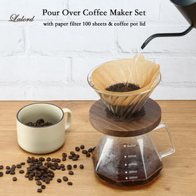 Lalord borosilicate dripper with walnut handle for precise pouring.