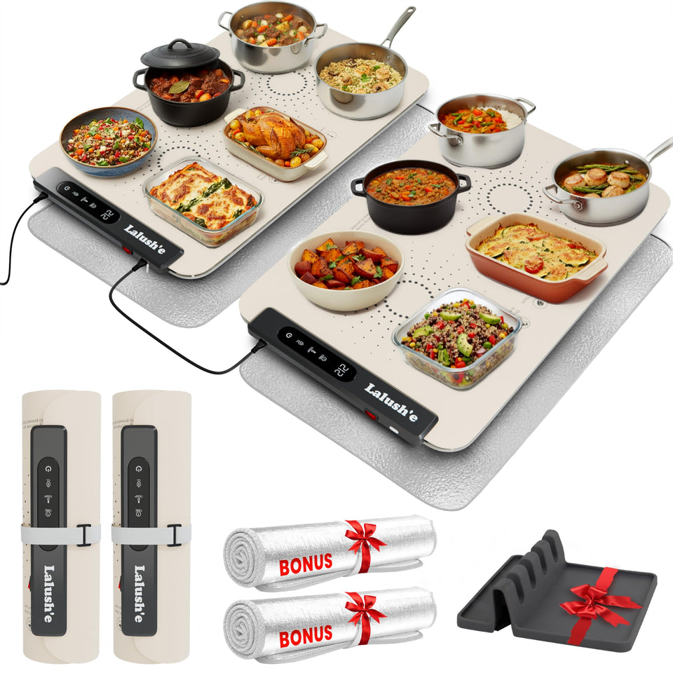 Lalush'e XL warming mat with color-change surface indicating heat level for safer serving