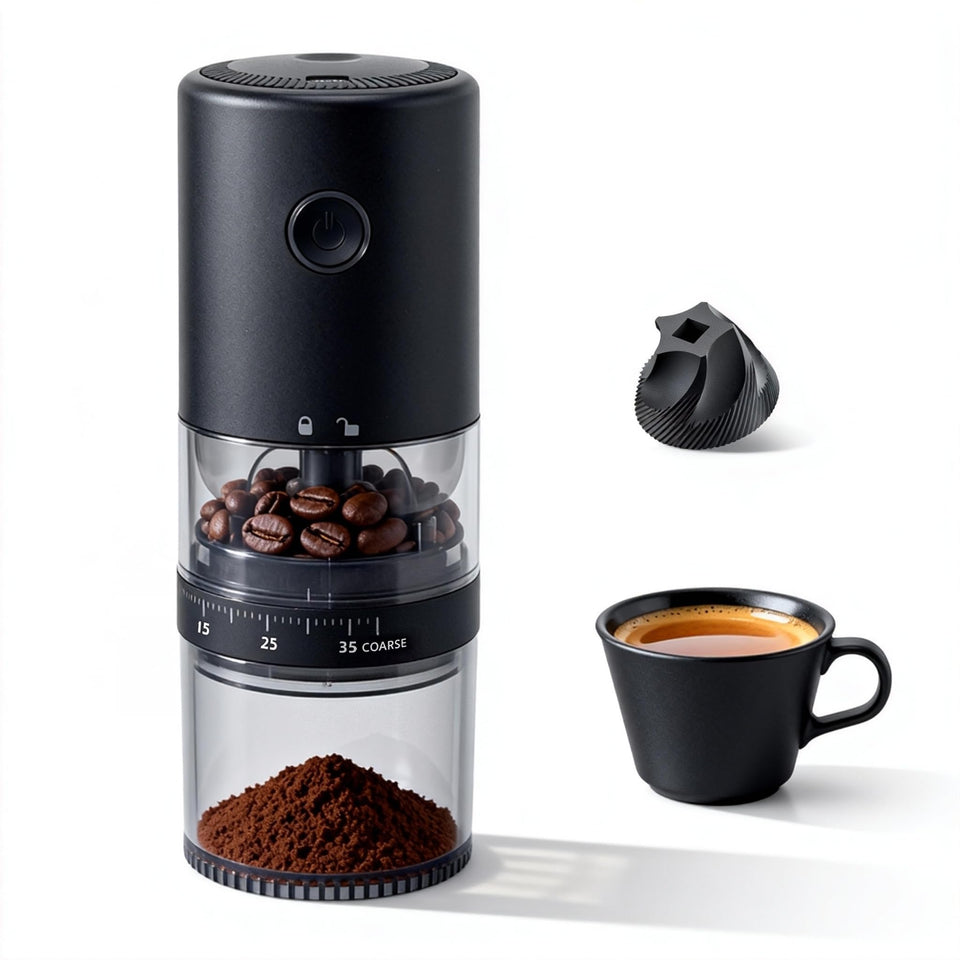 Lamido portable burr grinder front view in matte black for on-the-go coffee.