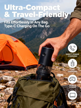 Lamido grinder with visual bean hopper for easy monitoring while traveling.