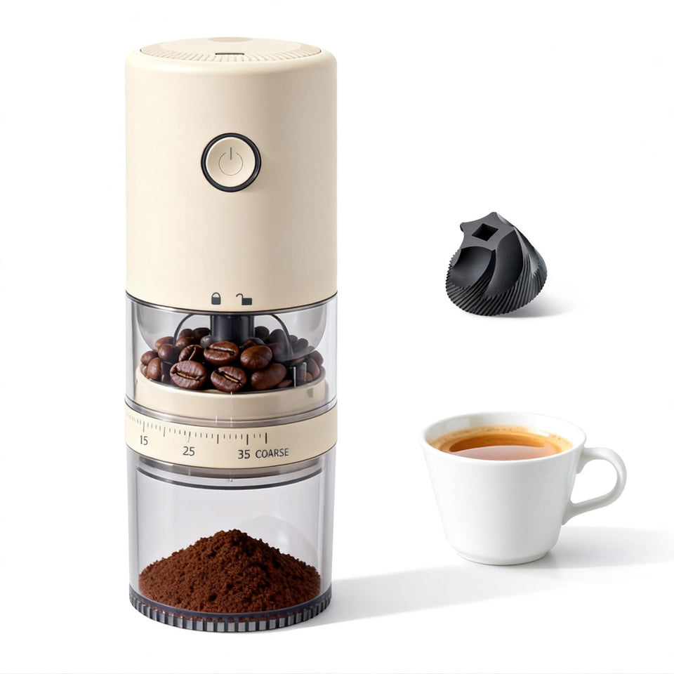 Lamido portable electric burr grinder with visual bean hopper for easy bean monitoring on the go.