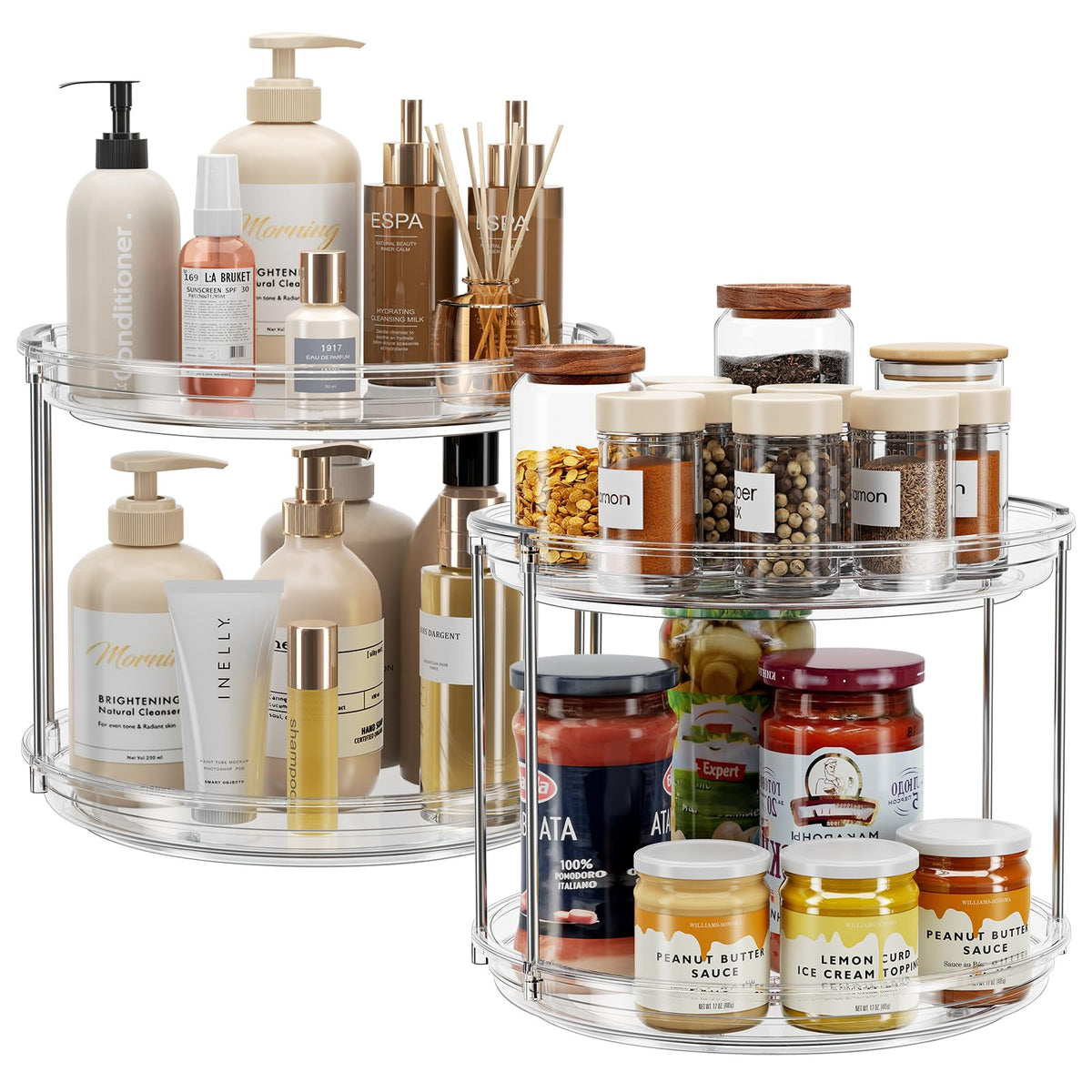 LAMU 2-pack 2-tier lazy susan rotating tray for cabinets, easy access to spices.