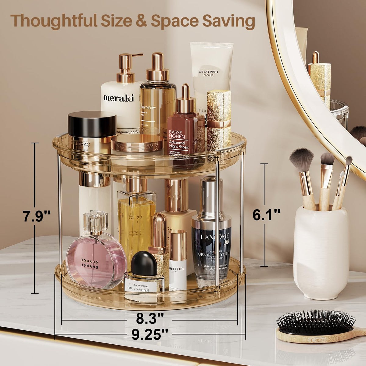 LAMU amber lazy susan on countertop used for makeup and perfume storage.