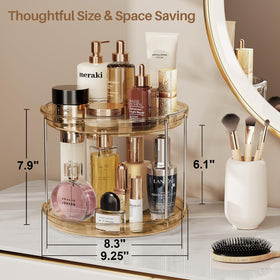 LAMU amber lazy susan on countertop used for makeup and perfume storage.