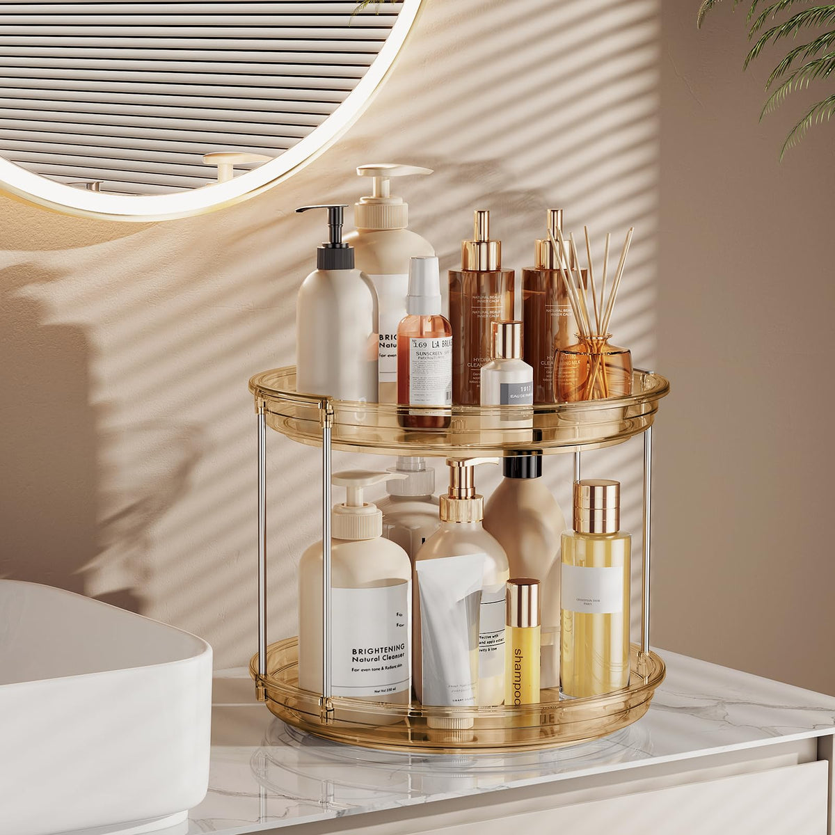 LAMU 2-tier amber lazy susan with raised edge holds items securely.