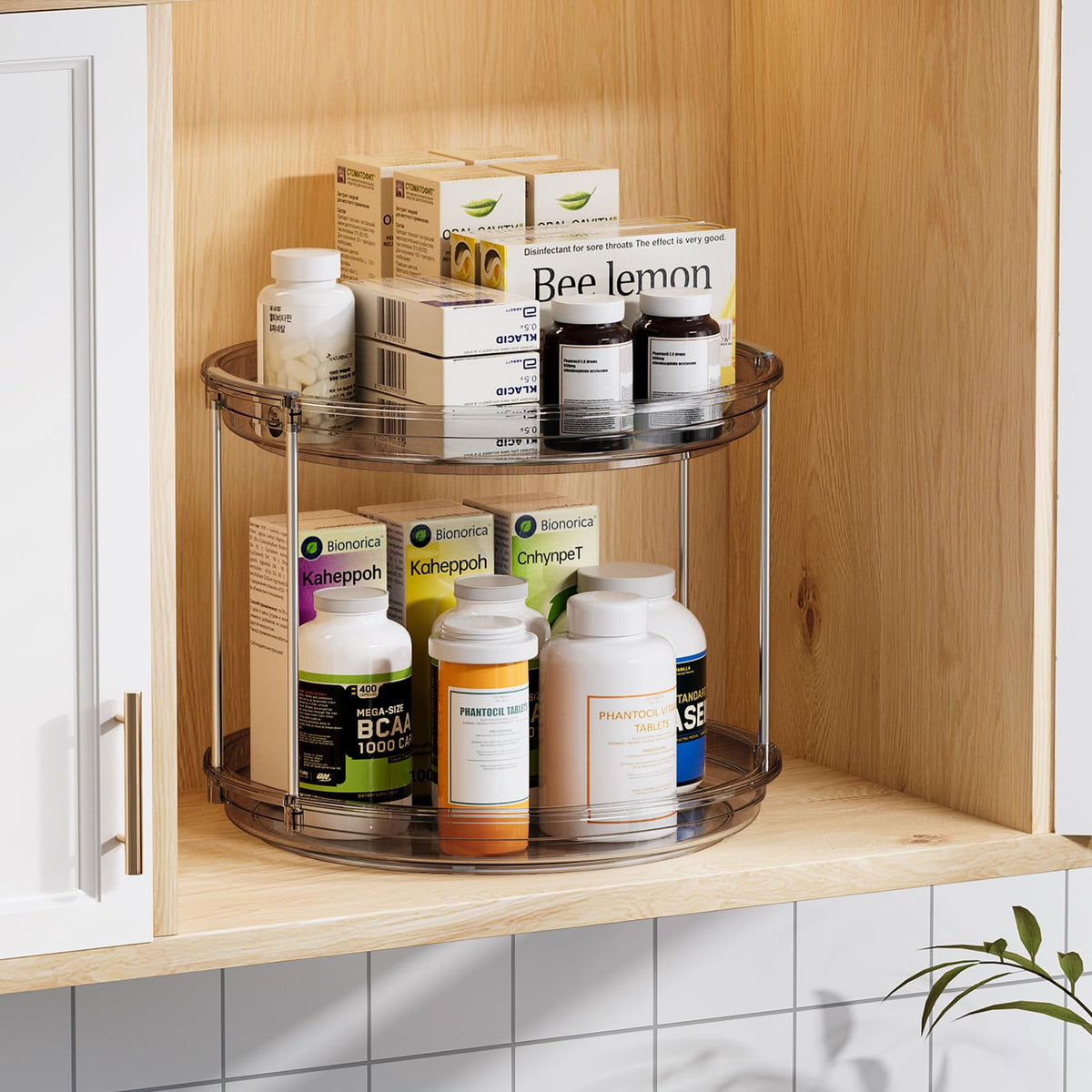 LAMU 2-tier lazy susan with spices highlights organized pantry visibility