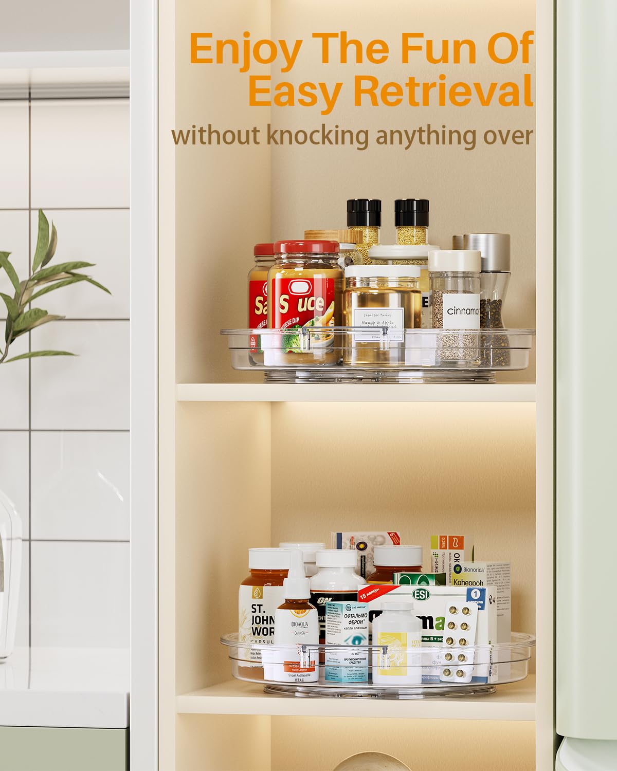 LAMU clear lazy susan in bathroom skincare area, easy reach of products.