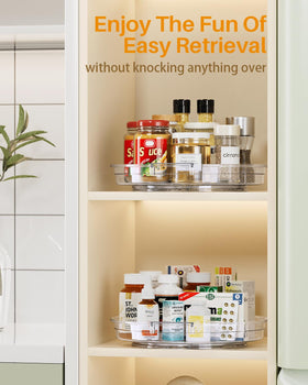 LAMU clear lazy susan in bathroom skincare area, easy reach of products.