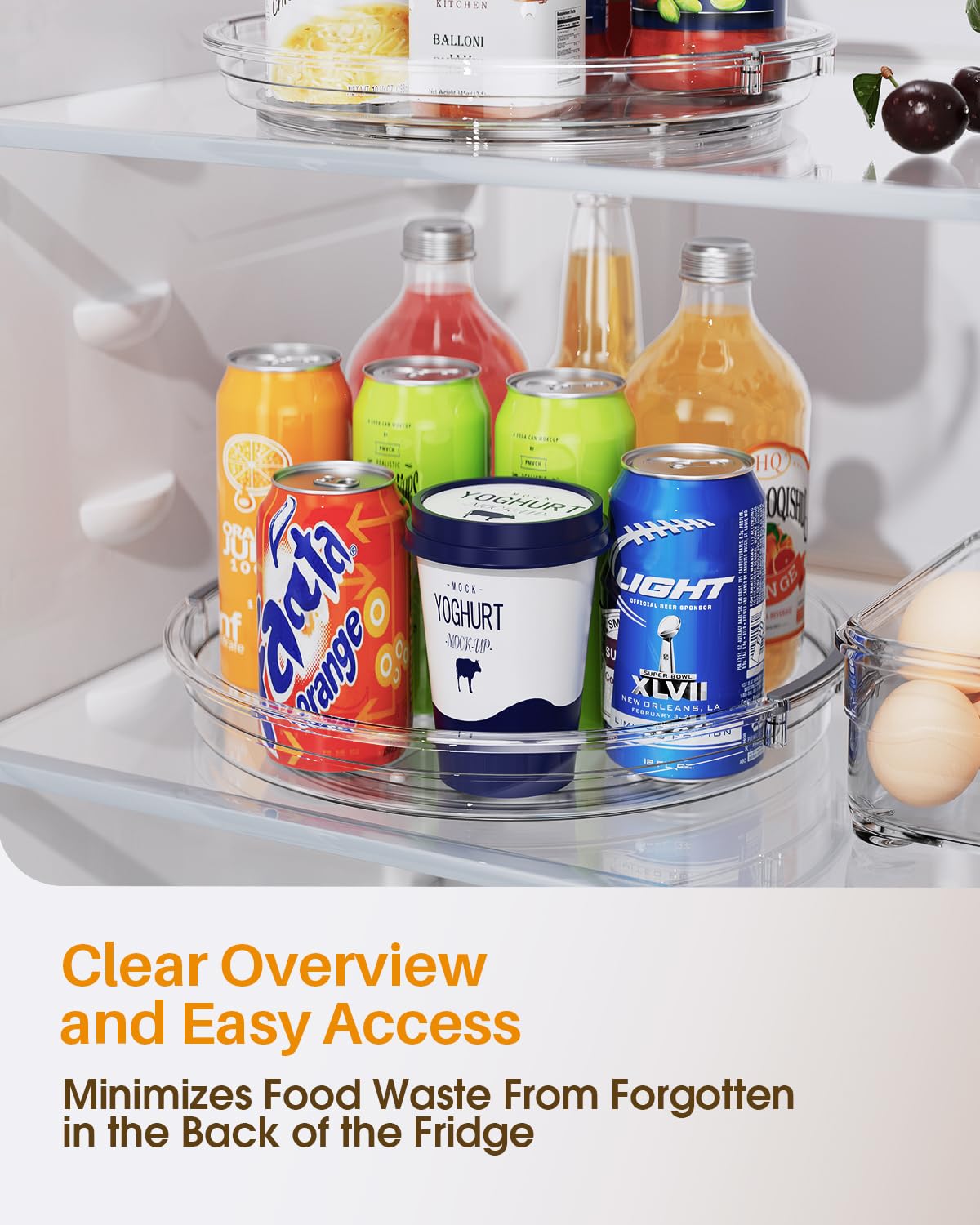 LAMU Lazy Susan refrigerator organizer, rotate for fridge access and reduced rummaging.
