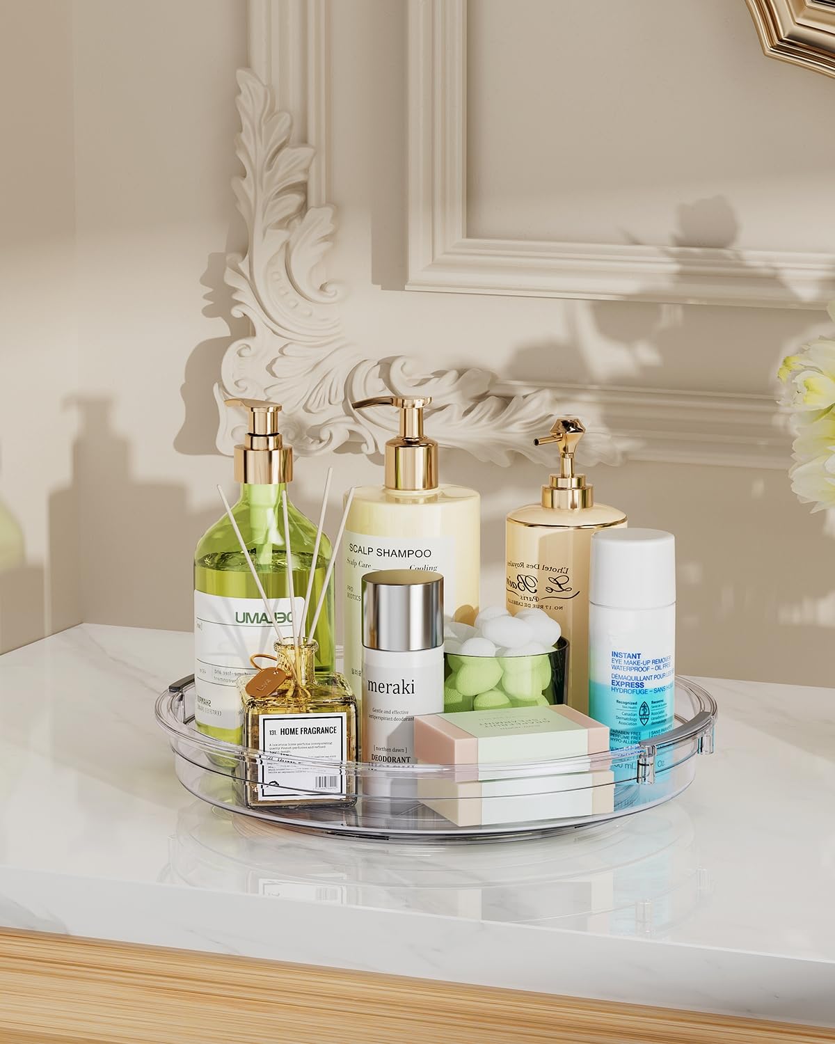 LAMU acrylic lazy susan for spices and jars, space-saving rotation.