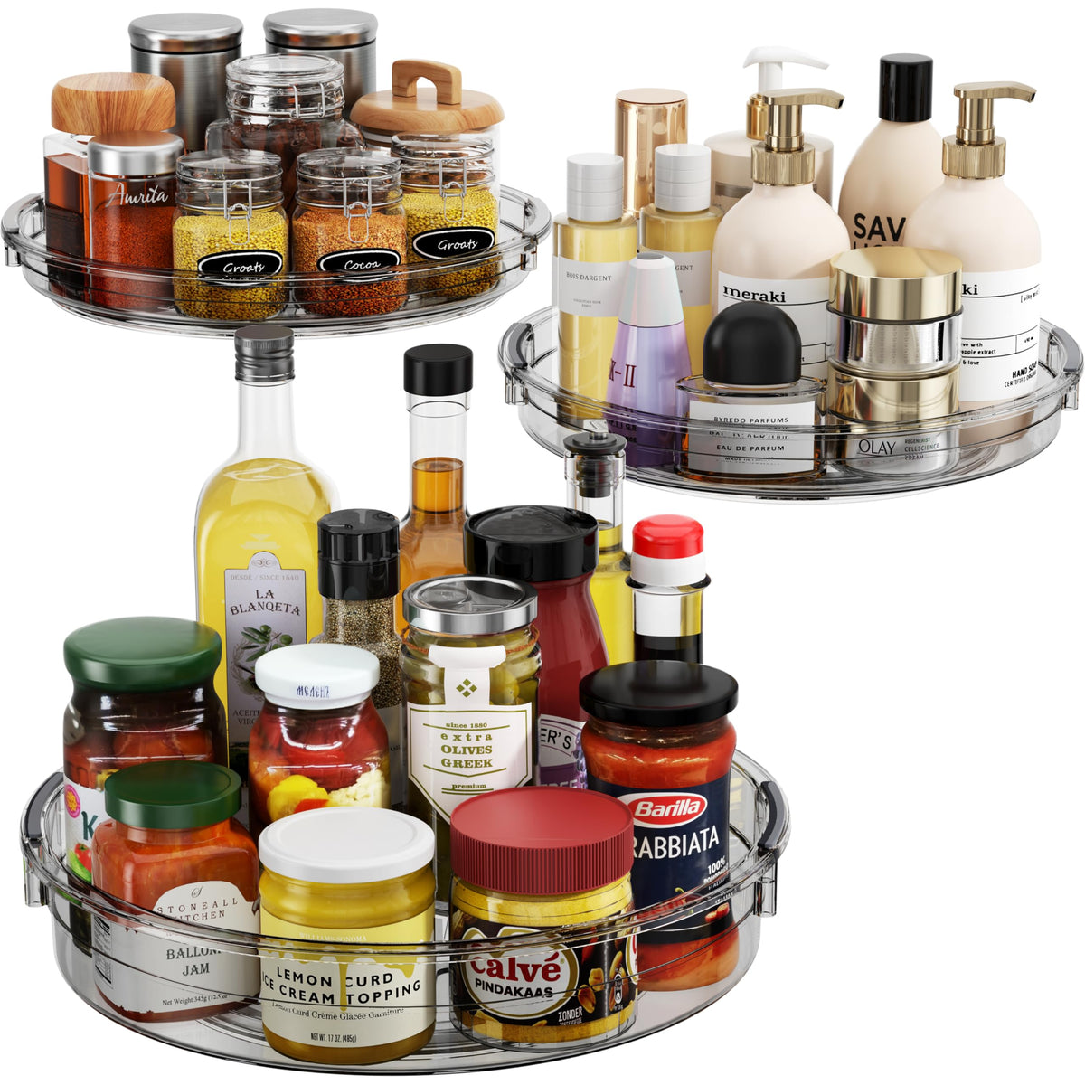 LAMU 3-pack lazy susan turntable in cabinet demonstrates space-saving organization