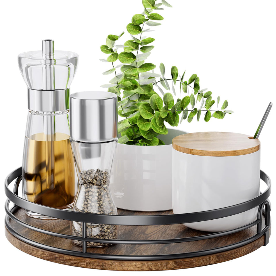 LAMU round wood lazy susan on kitchen counter for easy spice access