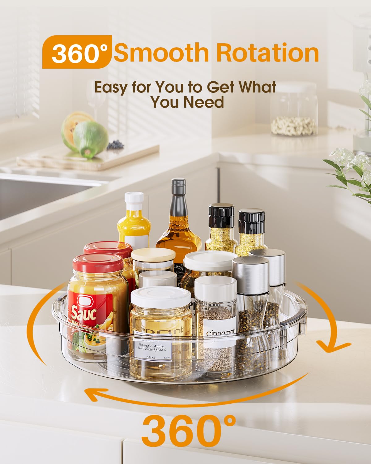 LAMU clear acrylic Lazy Susan enhances visibility in kitchen and pantry.