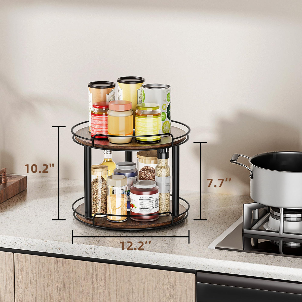 LAMU kitchen-countertop organization using a wooden turntable for quick access
