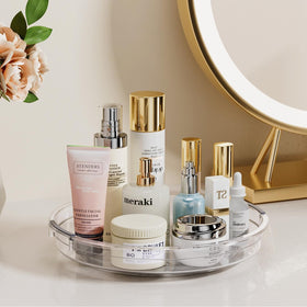 LAMU bathroom makeup spinner keeps cosmetics organized and accessible.