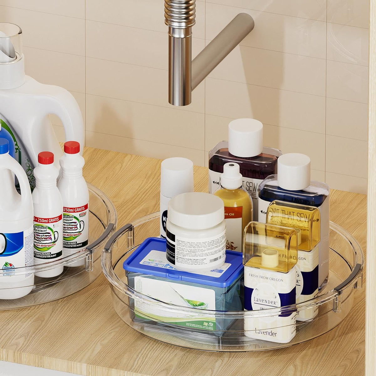 LAMU medicine cabinet lazy Susan helps small bottles stay visible.
