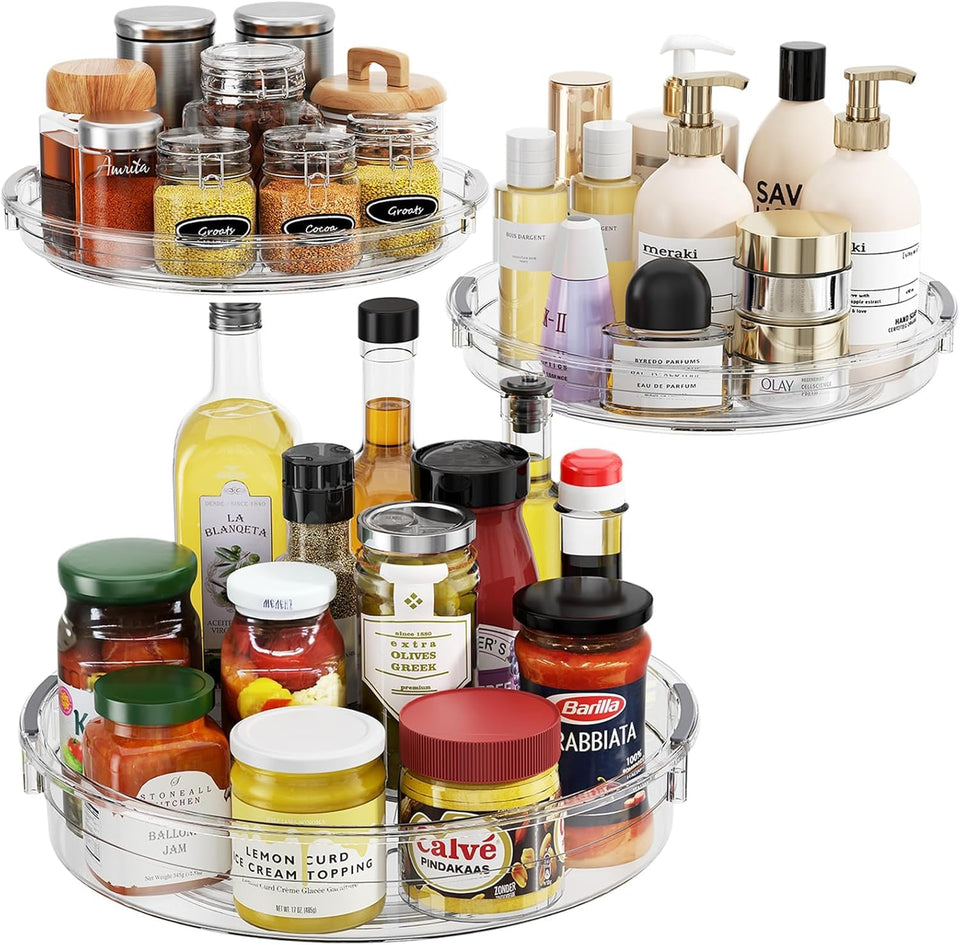 LAMU lazy Susan turntable in cabinet enables easy reach and neat organization.