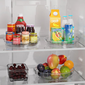 LAMU lazy Susan turntable in fridge provides quick access to jars and bottles.