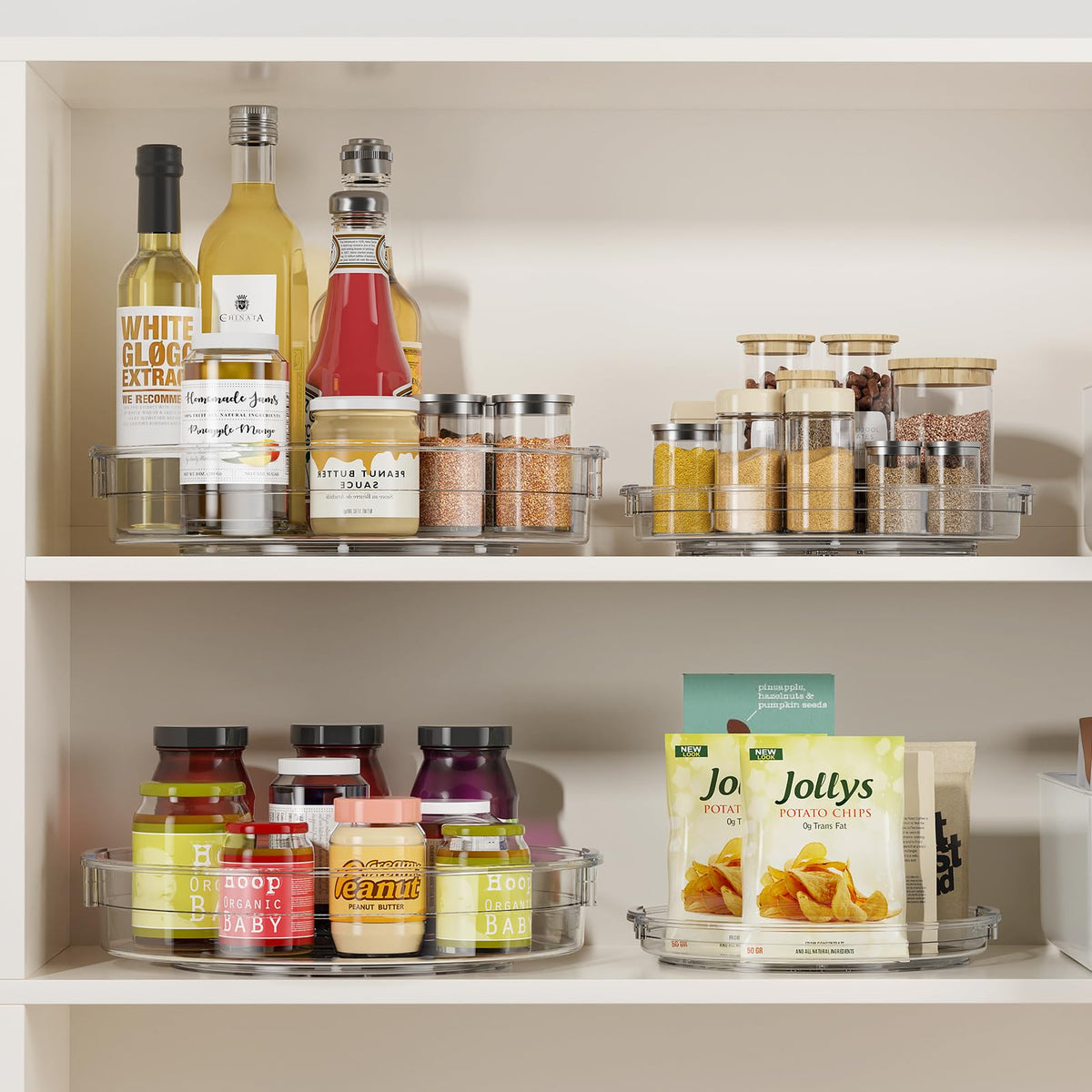 LAMU lazy Susan turntable in pantry maximizes space and improves item visibility.
