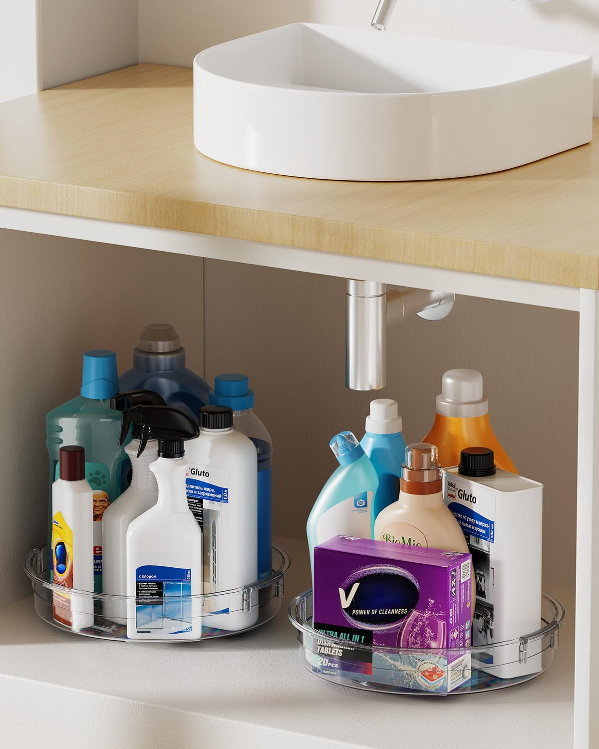 LAMU bathroom organizer with clear turntable for skincare routines and medicine
