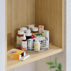 LAMU kitchen storage solution uses clear turntables to declutter cabinets