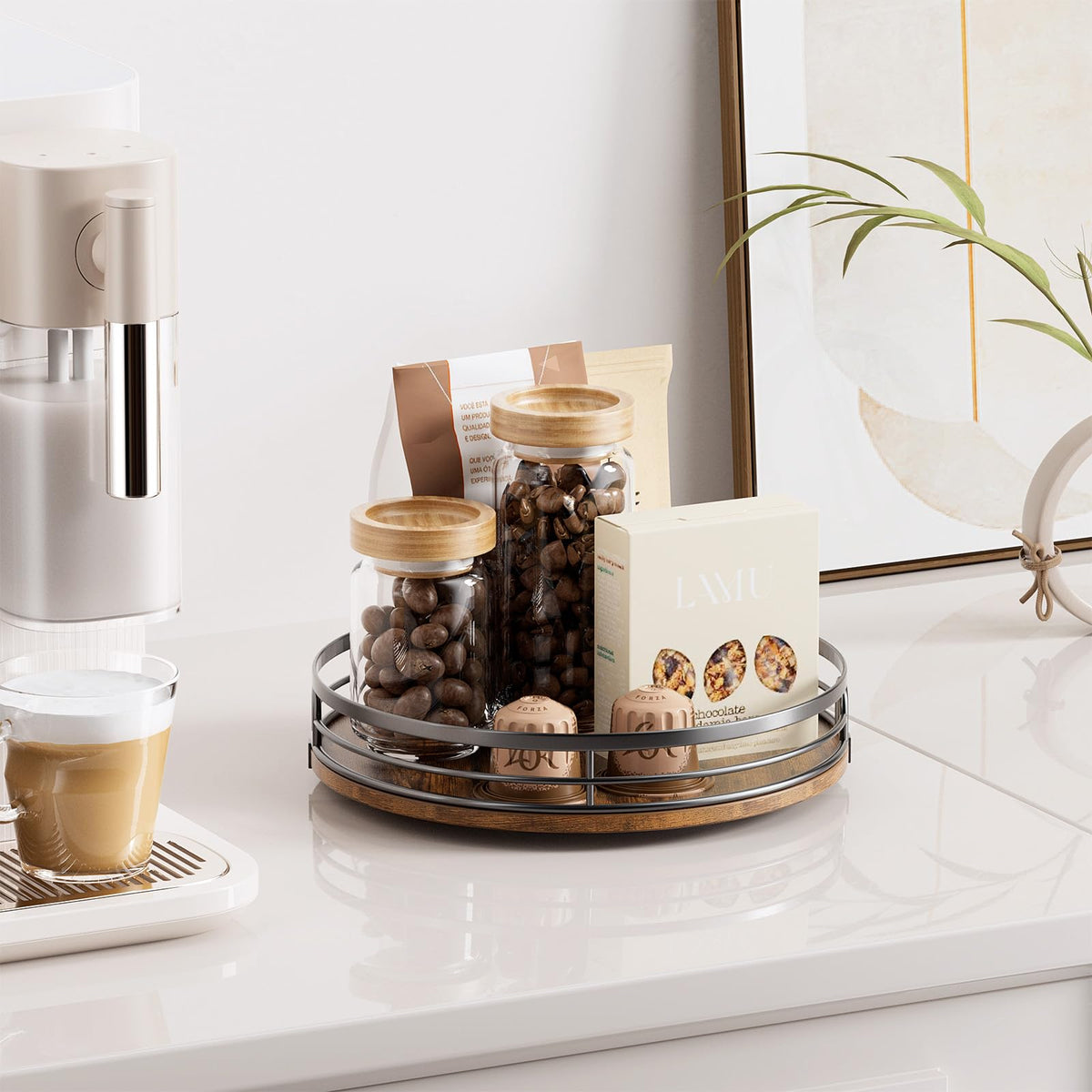 LAMU pantry lazy susan wood turntable neatly organizes cans and jars.
