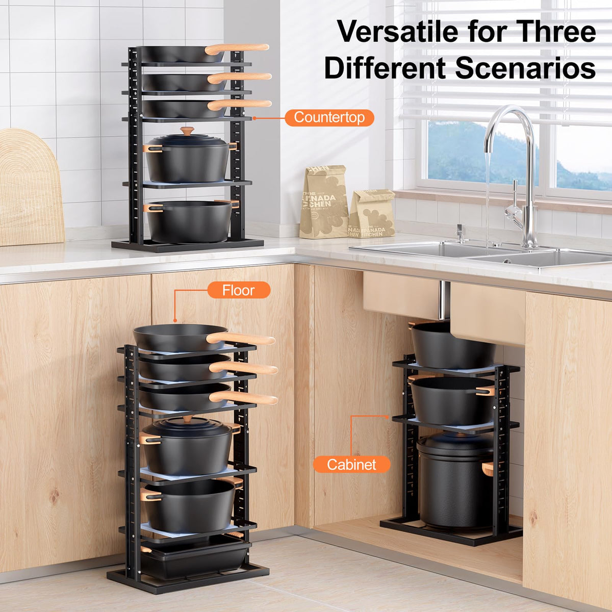 LAMU easy-assembly pots and pans organizer upgrades kitchen storage