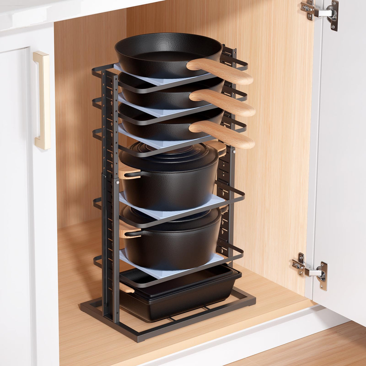LAMU pots and pans organizer under cabinet with 6-tier stability for cookware
