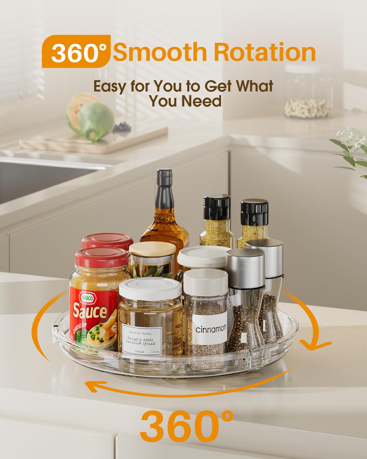 Raised edge prevents spills during rotation for tidy pantry storage.