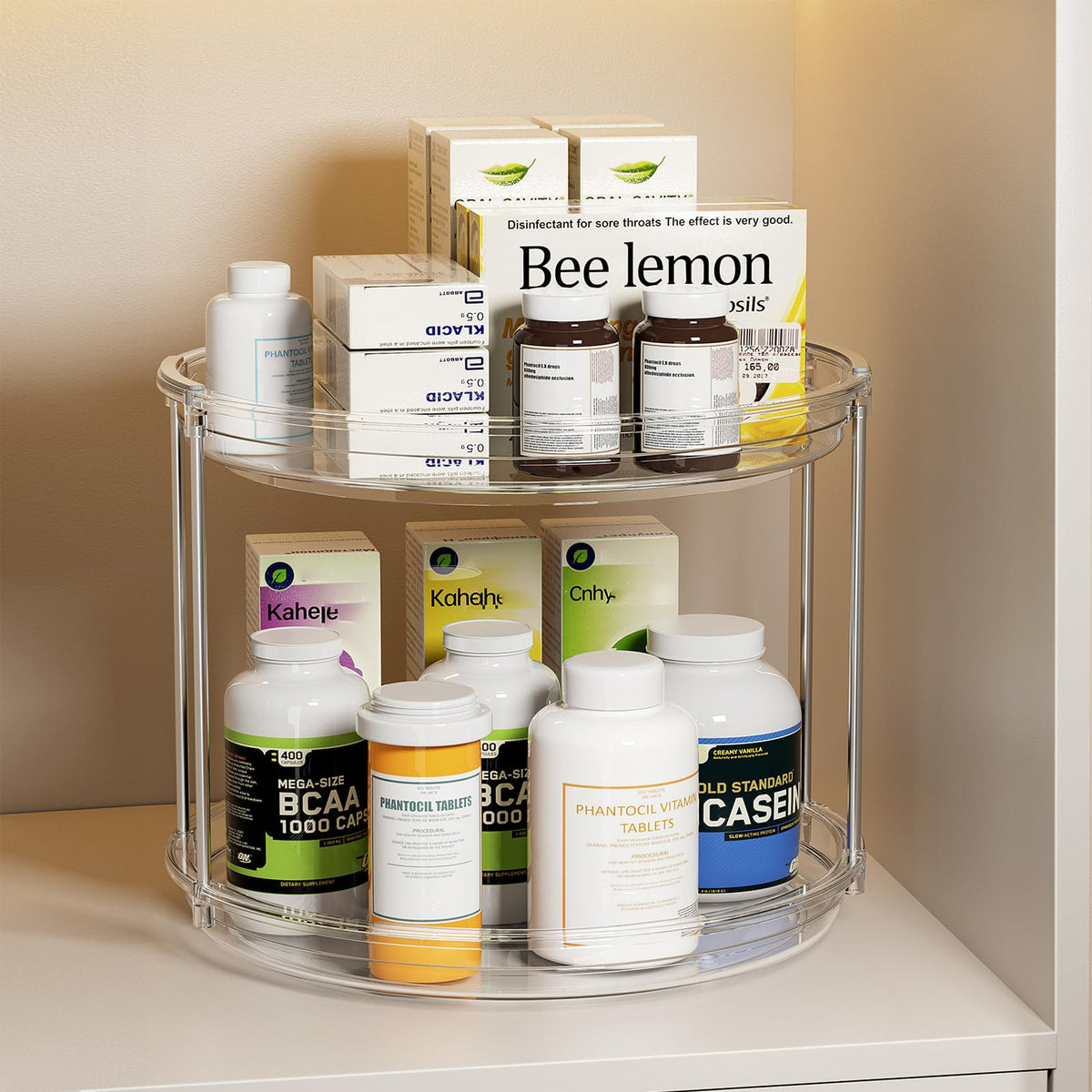 LAMU raised edge prevents tipping of items on the rotating rack.