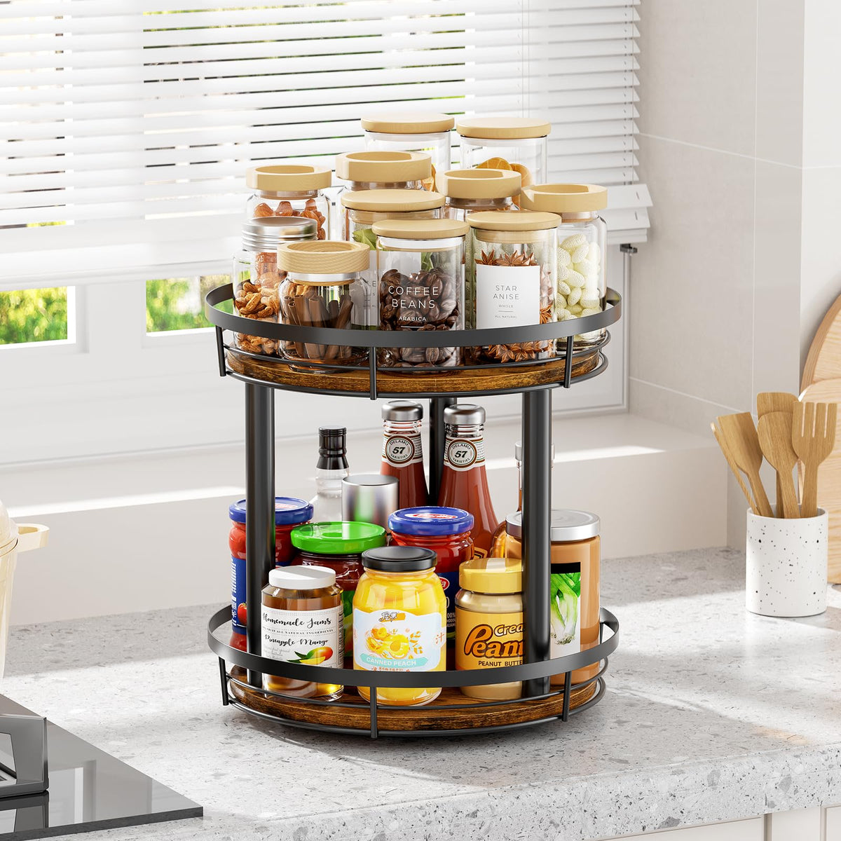 LAMU raised-edge organizer keeps bottles secure during rotation