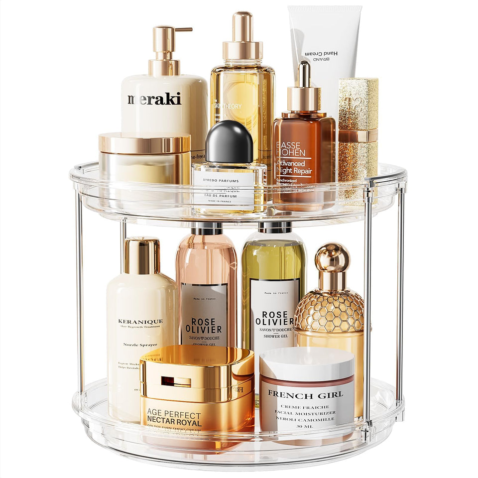 LAMU rotating makeup organizer on vanity with smooth 360-degree rotation for easy access.